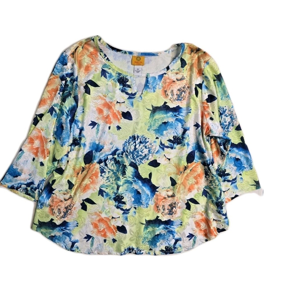 Ruby Rd. Women Shirt Plus 2X Multicolor Floral 3/4‎ Sleeve , Keyhole Neckline